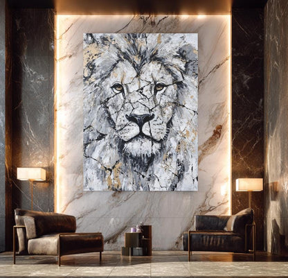 Abstract Lion Wall Art | White Gold Wildlife Canvas or Poster Print — Framed Print wall art