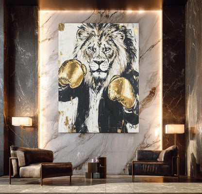 Boxing Lion Wall Art | Canvas or Poster | Man Cave Decor | Zoo Animal Print | King of the Jungle | Gold Gloves — Canvas wall
