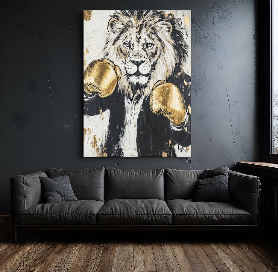 Boxing Lion Wall Art | Canvas or Poster | Man Cave Decor | Zoo Animal Print | King of the Jungle | Gold Gloves — Framed Print