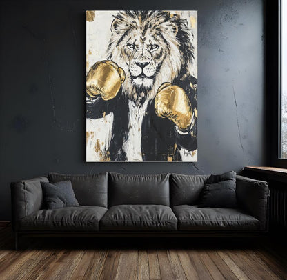 Boxing Lion Wall Art | Canvas or Poster | Man Cave Decor | Zoo Animal Print | King of the Jungle | Gold Gloves — Framed Print