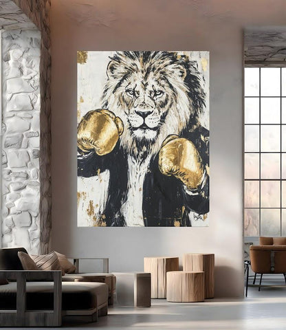 Boxing Lion Wall Art | Canvas or Poster | Man Cave Decor | Zoo Animal Print | King of the Jungle | Gold Gloves — Framed Print