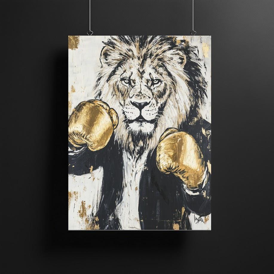 Boxing Lion Wall Art | Canvas or Poster | Man Cave Decor | Zoo Animal Print | King of the Jungle | Gold Gloves — Framed Print