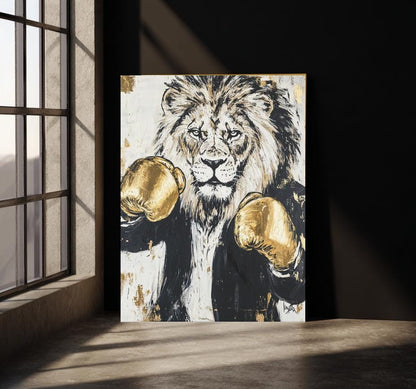 Boxing Lion Wall Art | Canvas or Poster | Man Cave Decor | Zoo Animal Print | King of the Jungle | Gold Gloves — Framed Print