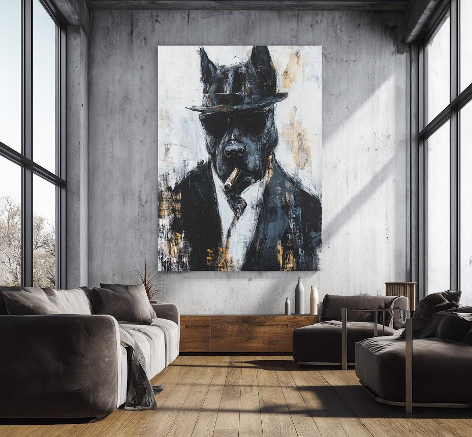 Dapper Dog Wall Art | Cool Canine Portrait | Custom Pet Painting | Urban Animal Art | Dog with Cigar | Masculine Man Cave