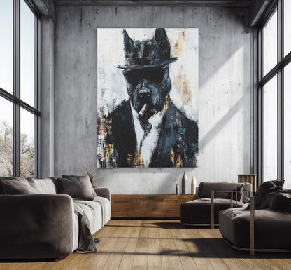 Dapper Dog Wall Art | Cool Canine Portrait | Custom Pet Painting | Urban Animal Art | Dog with Cigar | Masculine Man Cave