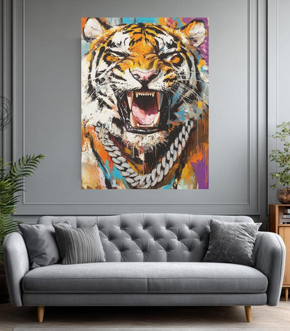 Roaring Tiger Canvas Print | Bold Big Cat Painting, Urban Hip Hop Art — Framed Print wall art