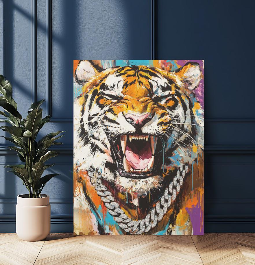 Roaring Tiger Canvas Print | Bold Big Cat Painting, Urban Hip Hop Art — Framed Print wall art