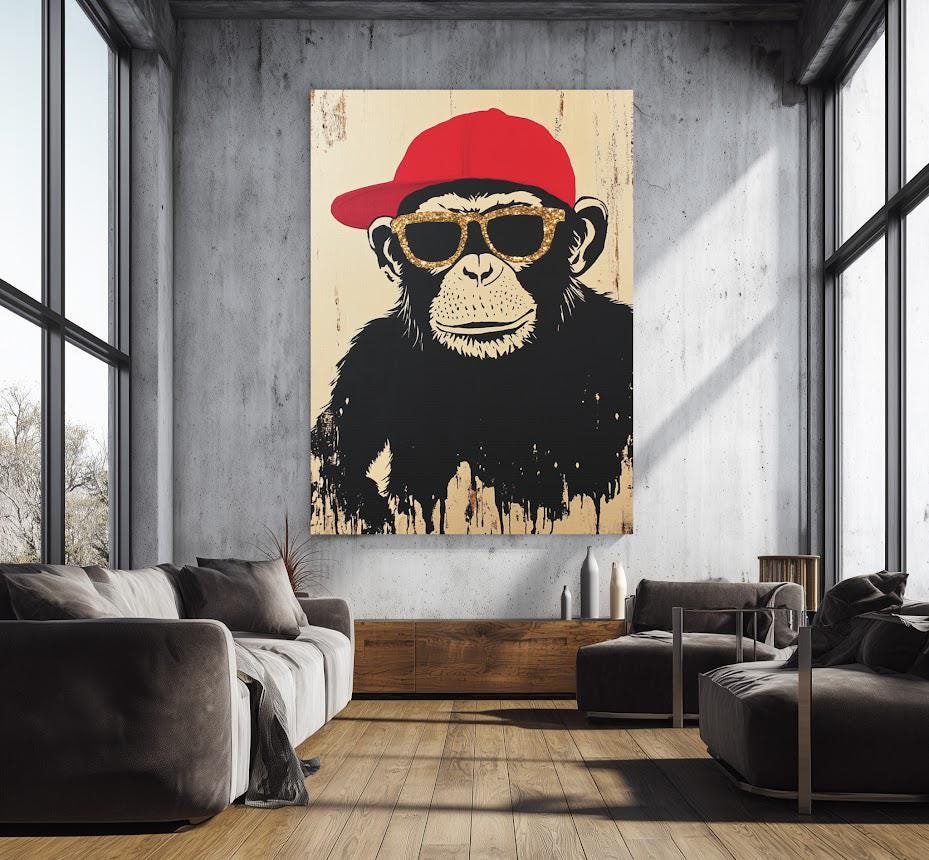 Graffiti Monkey Wall Art | Cool Chimp with Sunglasses | Urban Street Art Canvas | Dorm or Man Cave Poster — Canvas wall art