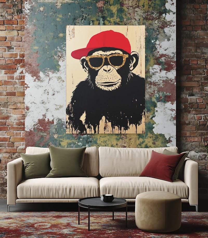 Graffiti Monkey Wall Art | Cool Chimp with Sunglasses | Urban Street Art Canvas | Dorm or Man Cave Poster — Framed Print wall