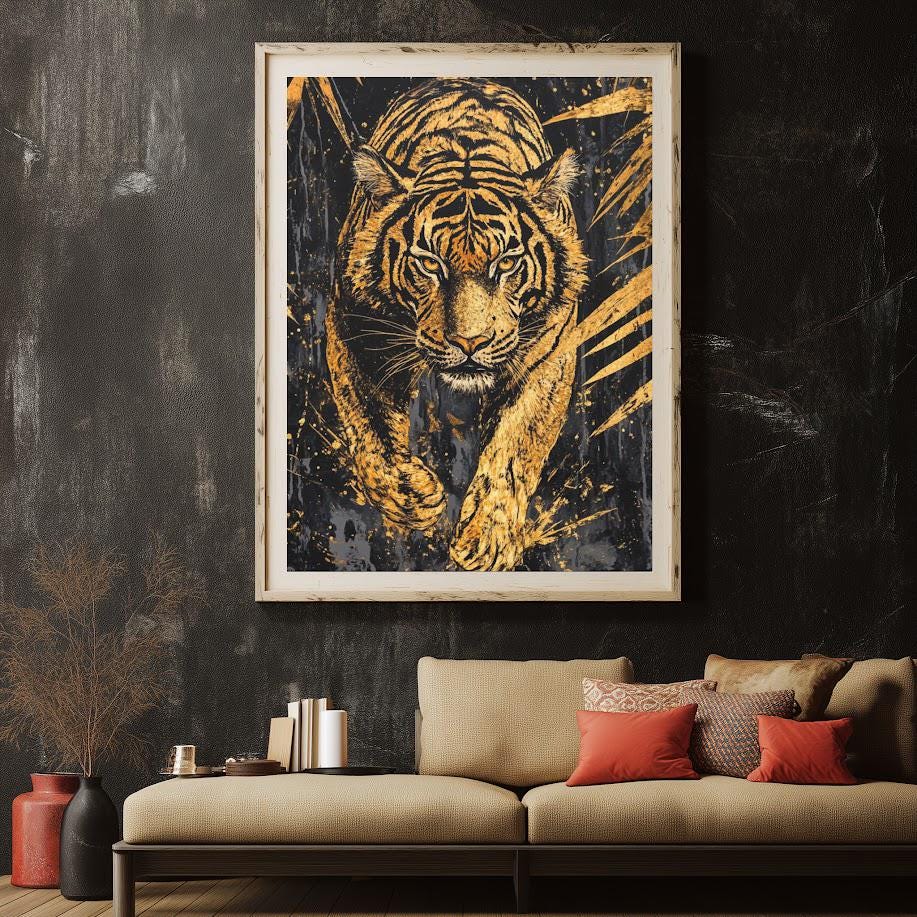 Prowling Tiger Canvas Wall Art, Dark Moody Gold Leaf Predator Print for Executive Office or Luxury Man Cave — Framed Print