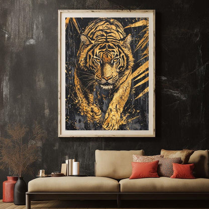 Prowling Tiger Canvas Wall Art, Dark Moody Gold Leaf Predator Print for Executive Office or Luxury Man Cave — Framed Print