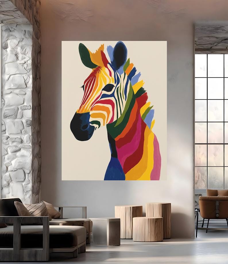 Colorful Zebra Wall Art | Canvas or Poster | Rainbow Animal Print | Abstract Pop Wildlife | Vibrant Safari Painting — Framed