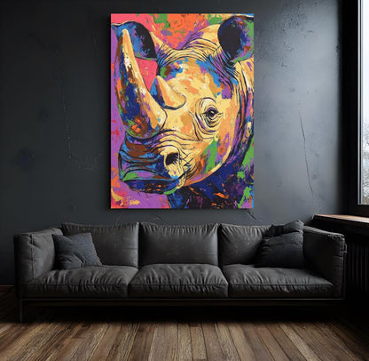 Colorful Rhino Wall Art | Abstract Rhinoceros Canvas Print | Neon Pop Safari Decor | Graffiti Wildlife Painting — Framed