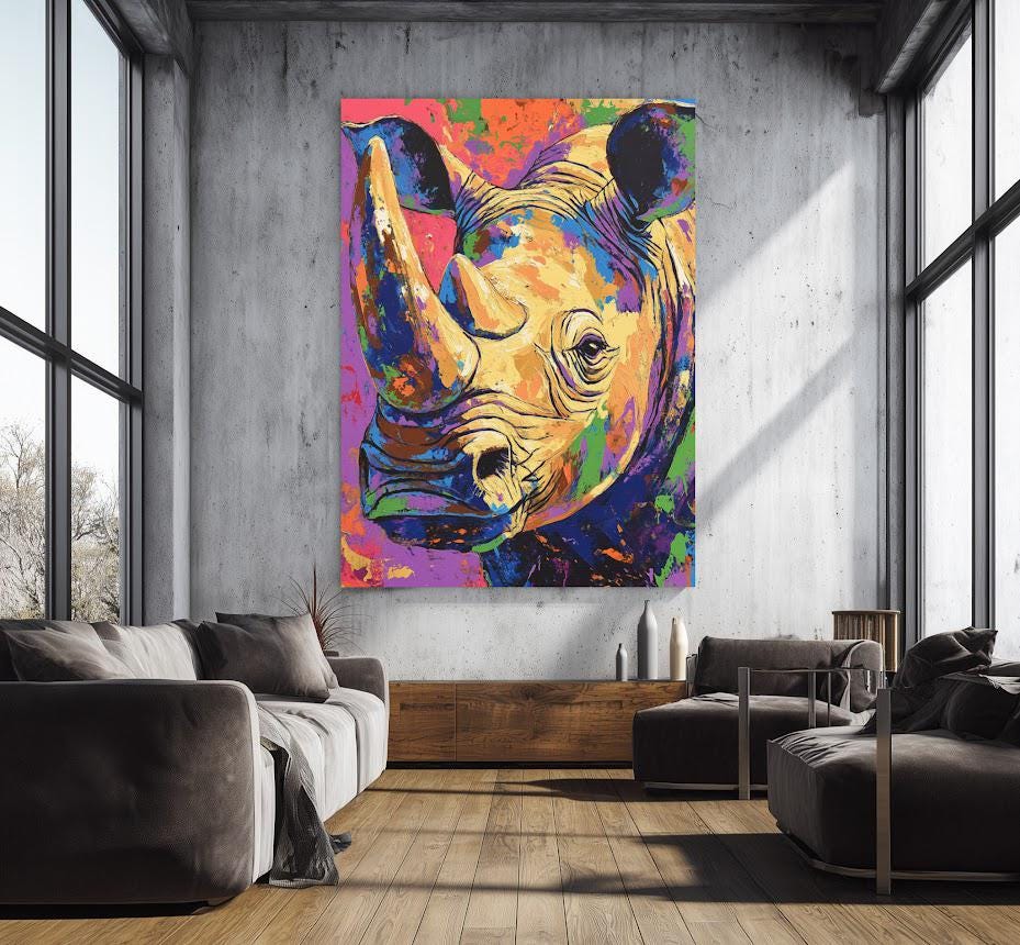 Colorful Rhino Wall Art | Abstract Rhinoceros Canvas Print | Neon Pop Safari Decor | Graffiti Wildlife Painting — Framed
