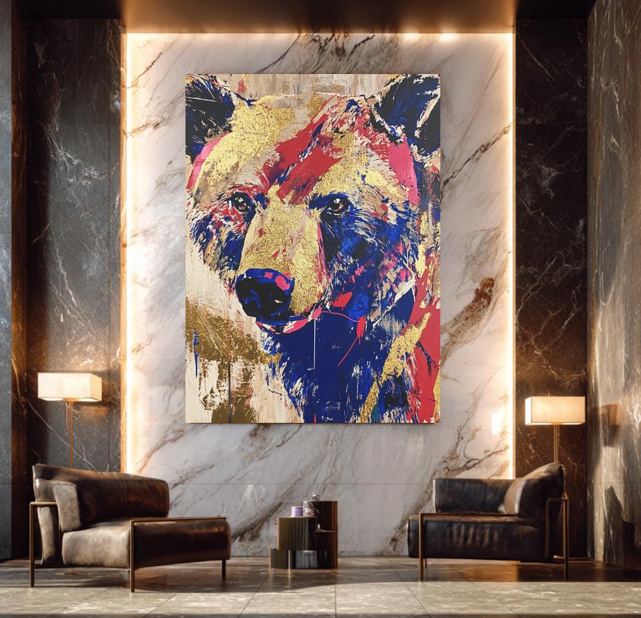 Colorful Bear Abstract Painting | Gold Pop Art Canvas Print, Forest Animal Artwork — Framed Print wall art