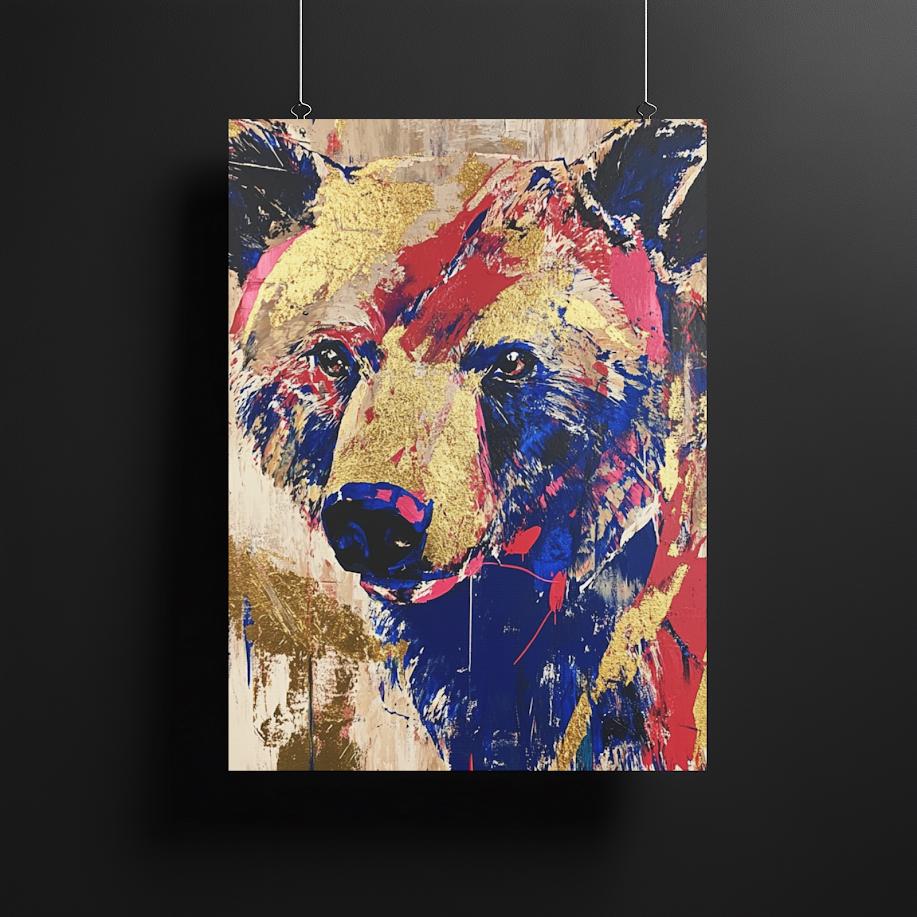 Colorful Bear Abstract Painting | Gold Pop Art Canvas Print, Forest Animal Artwork — Canvas wall art