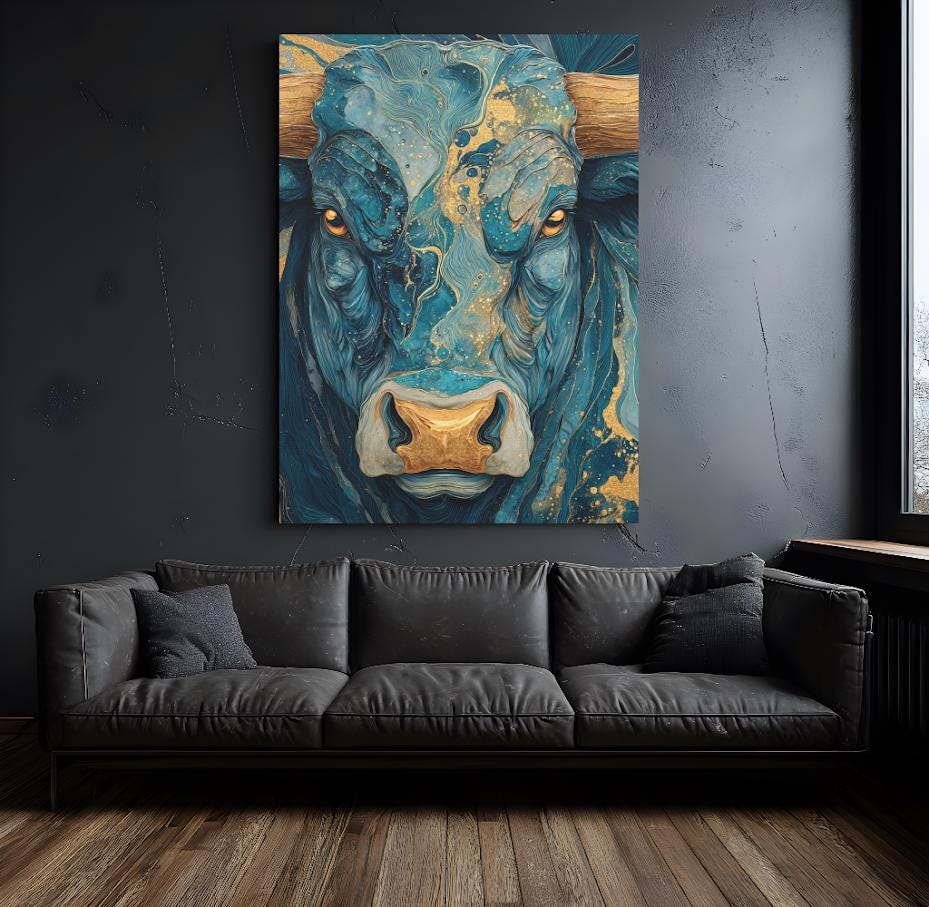Bull Canvas | Modern Western Decor | Farmhouse Painting | Abstract Animal Print — Framed Print wall art