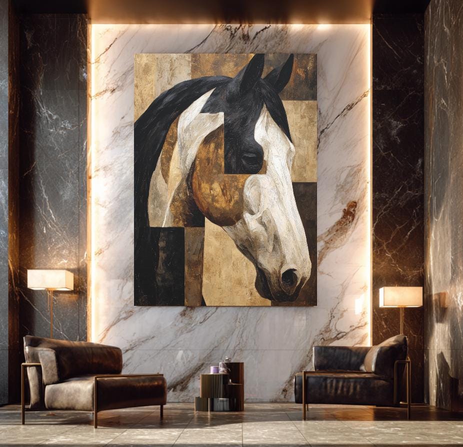 Horse Canvas Wall Art | Modern Farmhouse Decor | Geometric Abstract Western Print | Large Equestrian Office, Ranch Home —