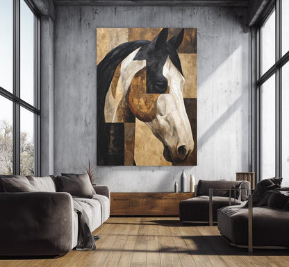 Horse Canvas Wall Art | Modern Farmhouse Decor | Geometric Abstract Western Print | Large Equestrian Office, Ranch Home —