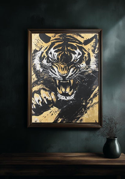 Roaring Tiger Art | Canvas or Poster | Jungle Animal Print | Big Cat Painting — Framed Print wall art