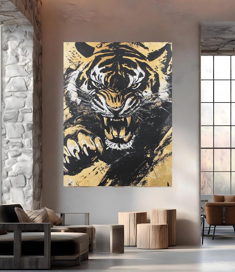Roaring Tiger Art | Canvas or Poster | Jungle Animal Print | Big Cat Painting — Framed Print wall art