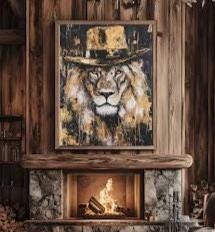 Cowboy Lion Wall Art | Rustic Wildlife Canvas | Gold Safari Poster | Masculine Wildlife Painting | Large Country Lodge Print