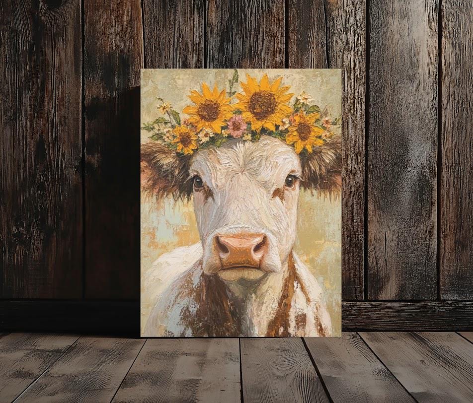 Sunflower Cow Canvas Print, Farmhouse Animal Wall Art, Rustic Home Decor — Framed Print wall art
