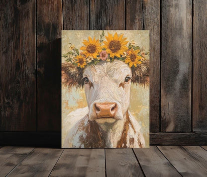 Sunflower Cow Canvas Print, Farmhouse Animal Wall Art, Rustic Home Decor — Framed Print wall art