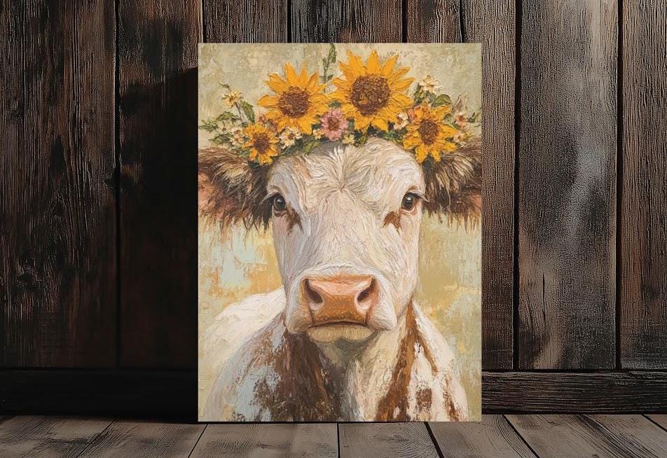 Sunflower Cow Canvas Print, Farmhouse Animal Wall Art, Rustic Home Decor — Poster wall art