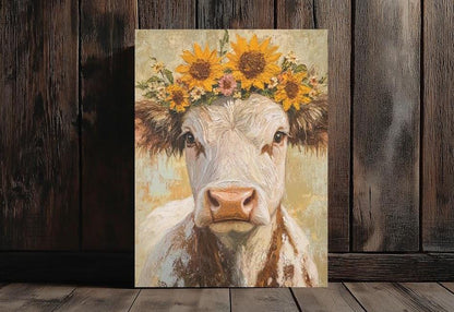 Sunflower Cow Canvas Print, Farmhouse Animal Wall Art, Rustic Home Decor — Poster wall art