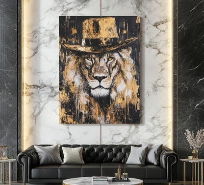 Cowboy Lion Wall Art | Rustic Wildlife Canvas | Gold Safari Poster | Masculine Wildlife Painting | Large Country Lodge Print