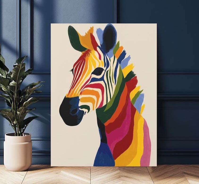 Colorful Zebra Wall Art | Canvas or Poster | Rainbow Animal Print | Abstract Pop Wildlife | Vibrant Safari Painting — Poster