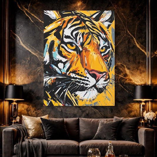 Colorful Tiger Face Canvas | Abstract Wildlife Print | Big Cat Maximalist Decor | Large Animal Head | Modern Jungle Artwork —