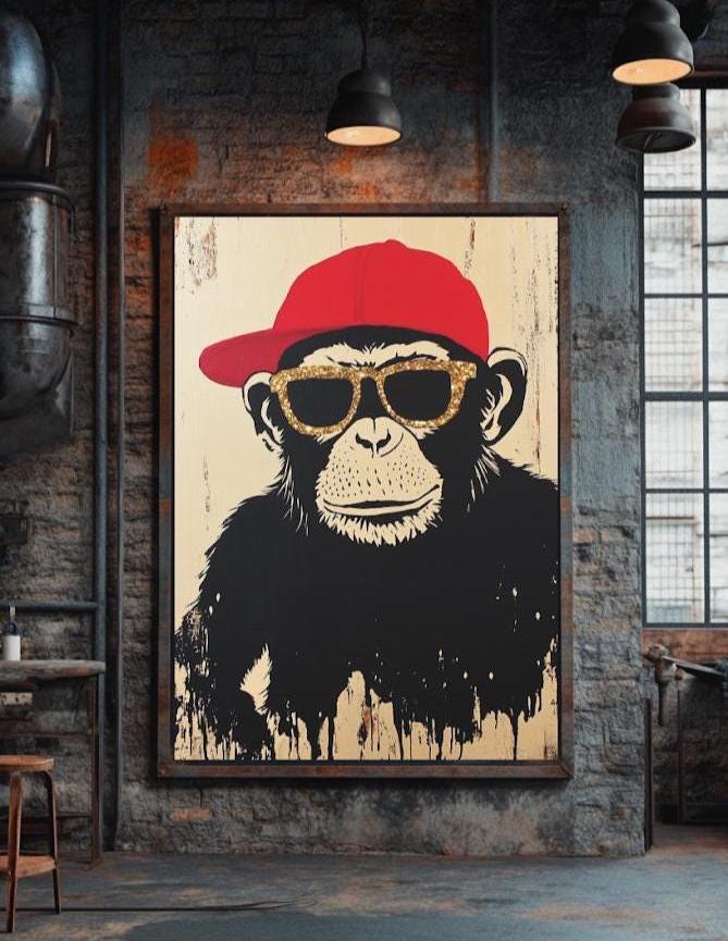 Graffiti Monkey Wall Art | Cool Chimp with Sunglasses | Urban Street Art Canvas | Dorm or Man Cave Poster — Poster wall art