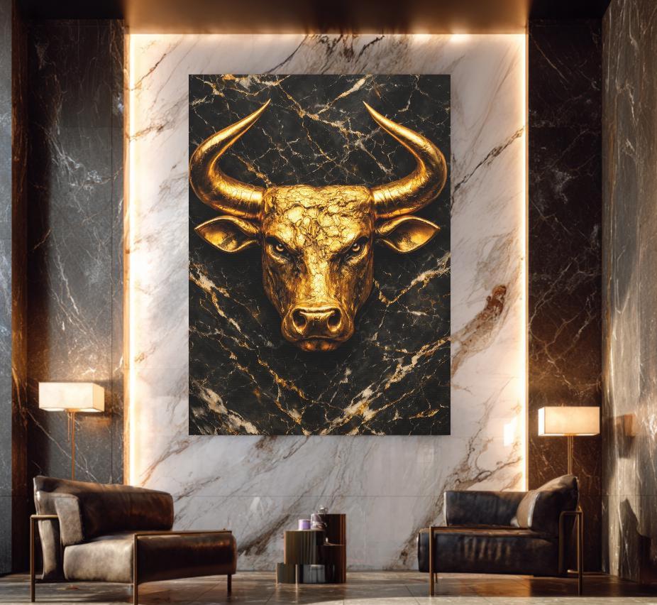 Golden Bull Canvas | Wall Street Art | Stock Market Gift | Black Marble Print | Masculine Wall Decor | Man Cave — Poster wall