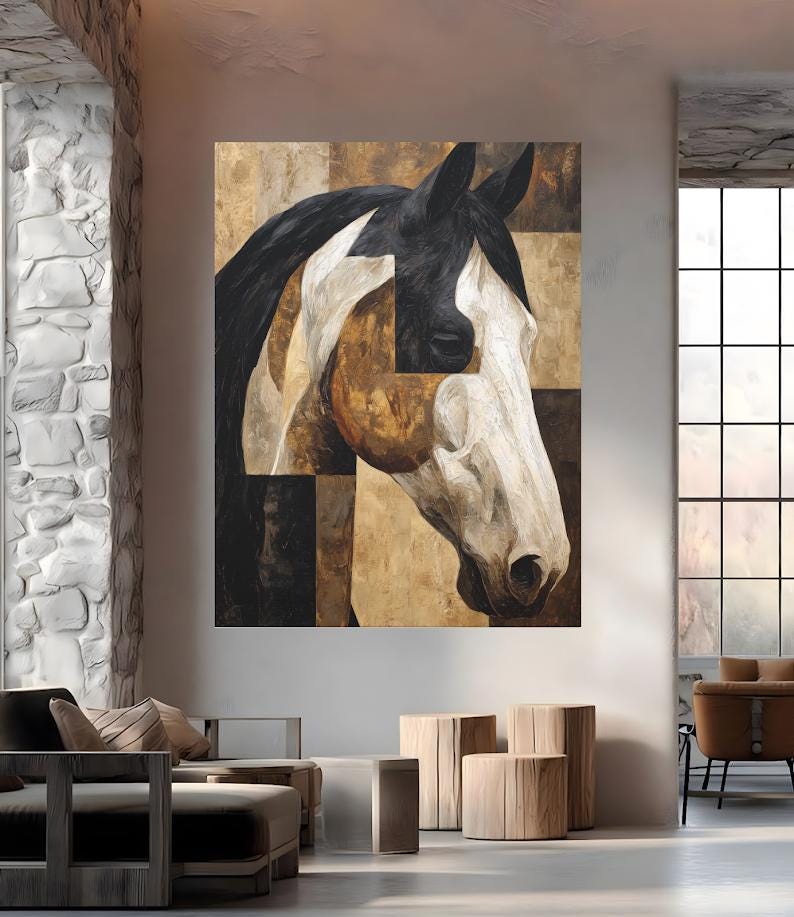 Horse Canvas Wall Art | Modern Farmhouse Decor | Geometric Abstract Western Print | Large Equestrian Office, Ranch Home —