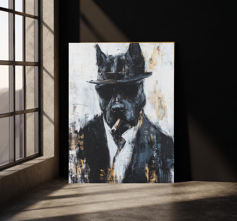 Dapper Dog Wall Art | Cool Canine Portrait | Custom Pet Painting | Urban Animal Art | Dog with Cigar | Masculine Man Cave