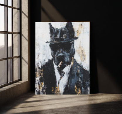 Dapper Dog Wall Art | Cool Canine Portrait | Custom Pet Painting | Urban Animal Art | Dog with Cigar | Masculine Man Cave