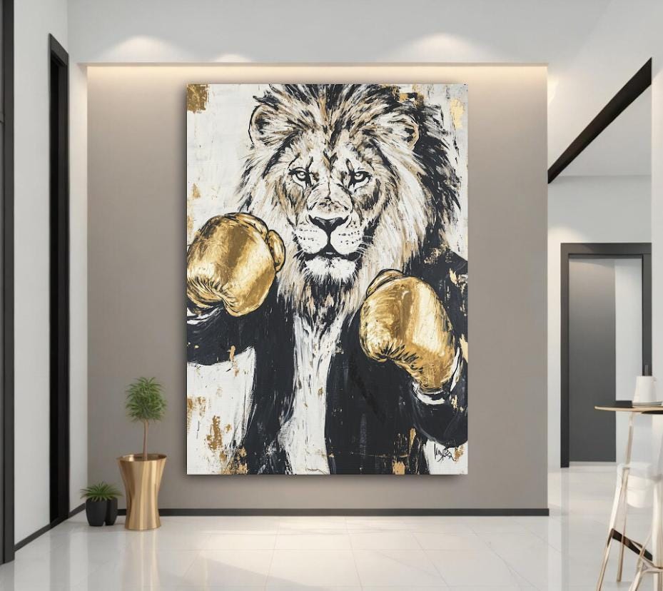 Boxing Lion Wall Art | Canvas or Poster | Man Cave Decor | Zoo Animal Print | King of the Jungle | Gold Gloves — Poster wall