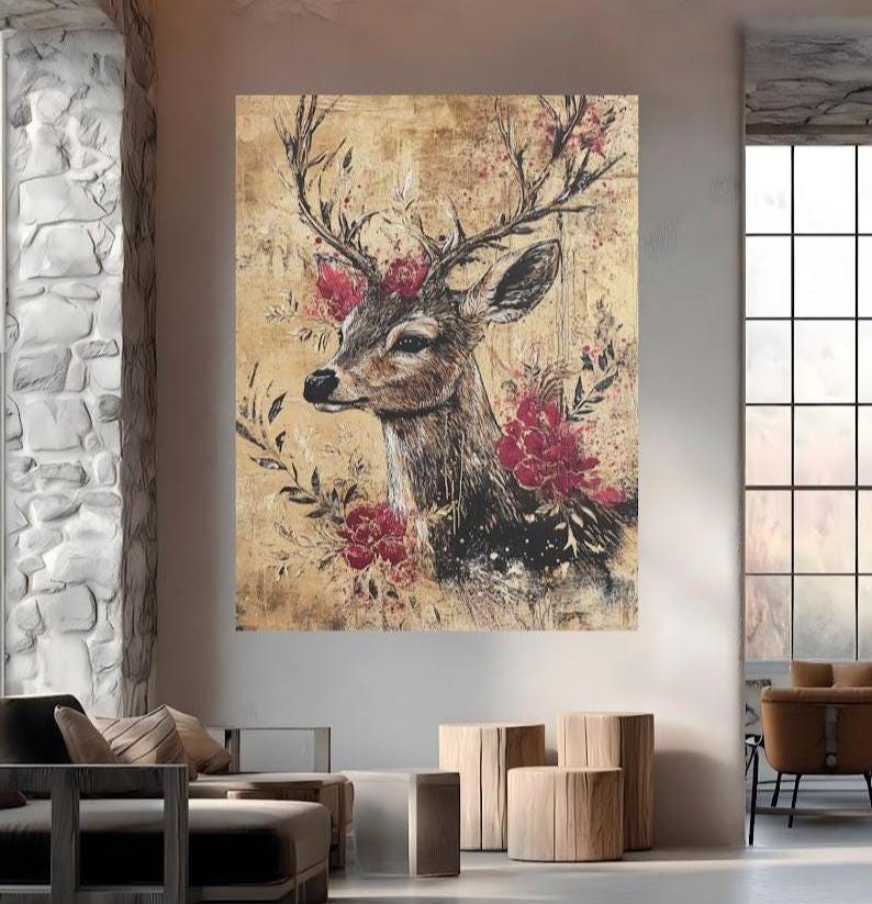 Floral Deer Wall Art | Rustic Chic Canvas Print | Wildlife Decor | Nature Home Art | Elegant Roses Animal Picture — Poster