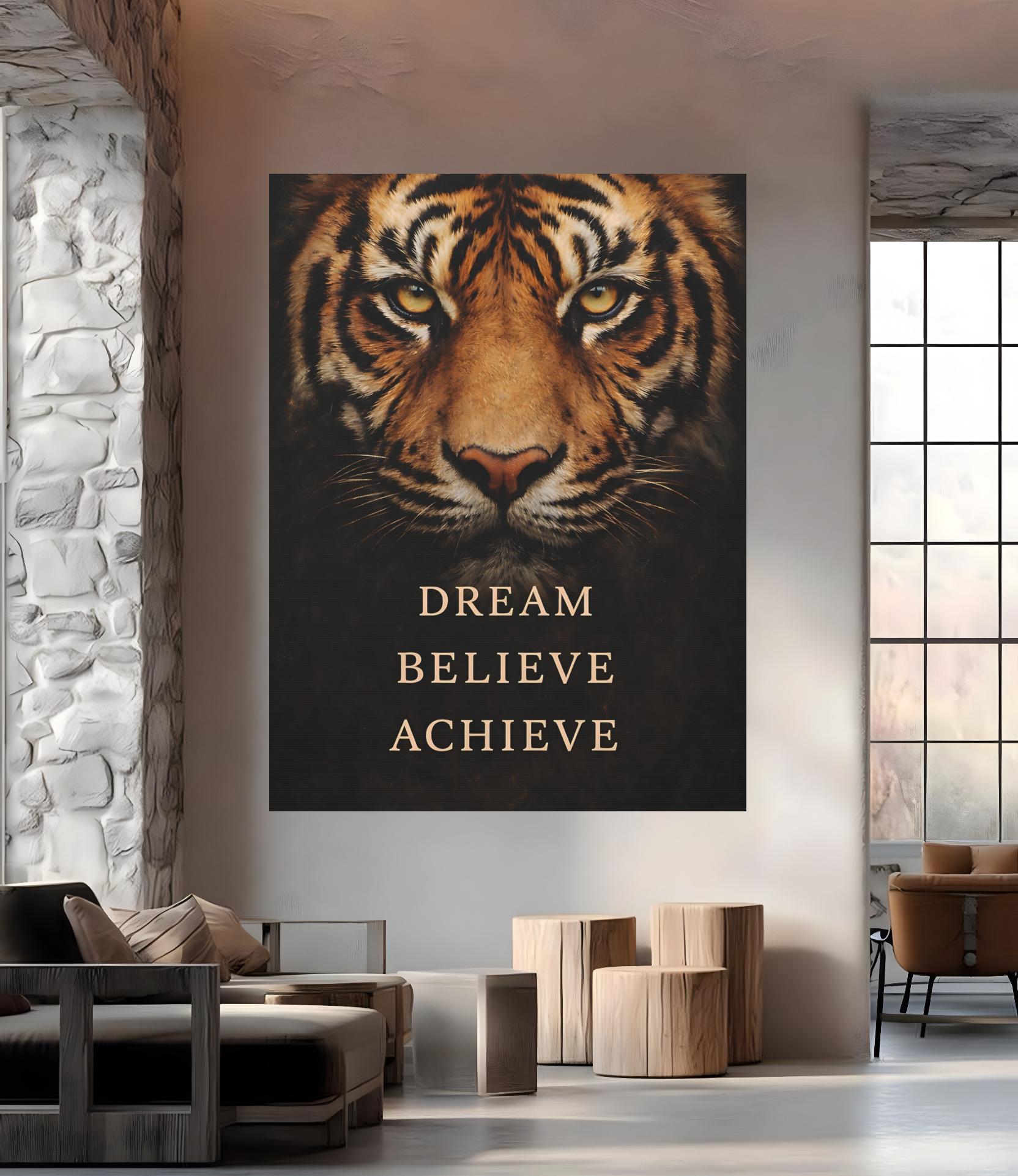 Tiger Motivational Print | Dream Believe Achieve, Office Decor — Framed Print wall art