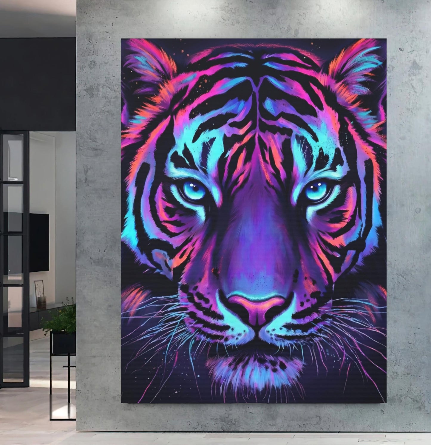 Neon Tiger Canvas Art | Cyberpunk Animal Print Home Decor — Framed Print wall art