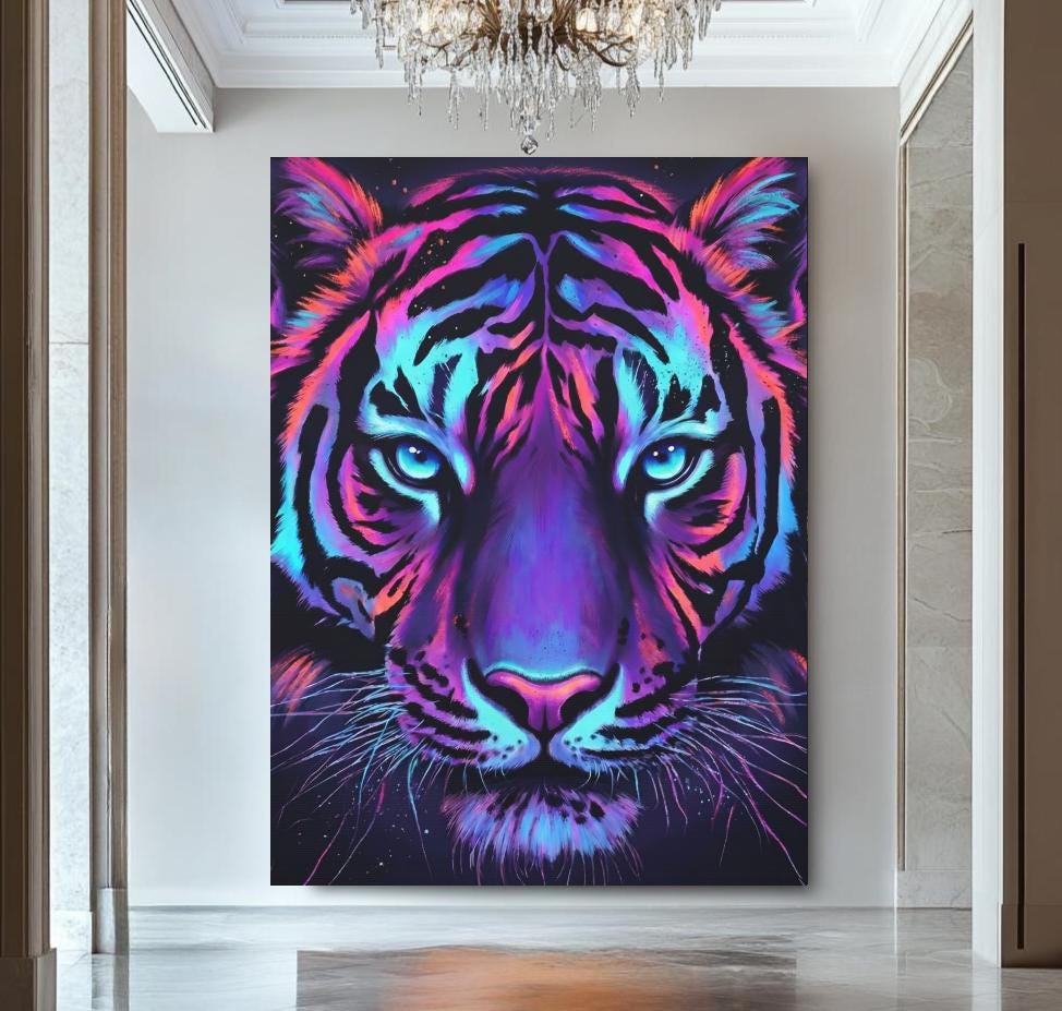 Neon Tiger Canvas Art | Cyberpunk Animal Print Home Decor — Framed Print wall art