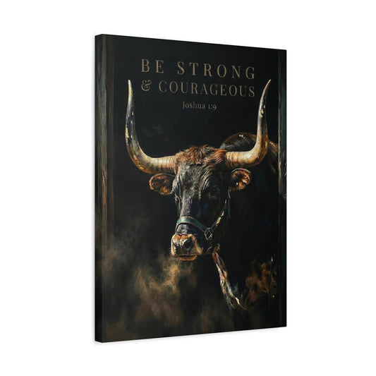 Longhorn Bull Canvas Print | Moody Western Decor, Joshua 1:9 — Canvas wall art
