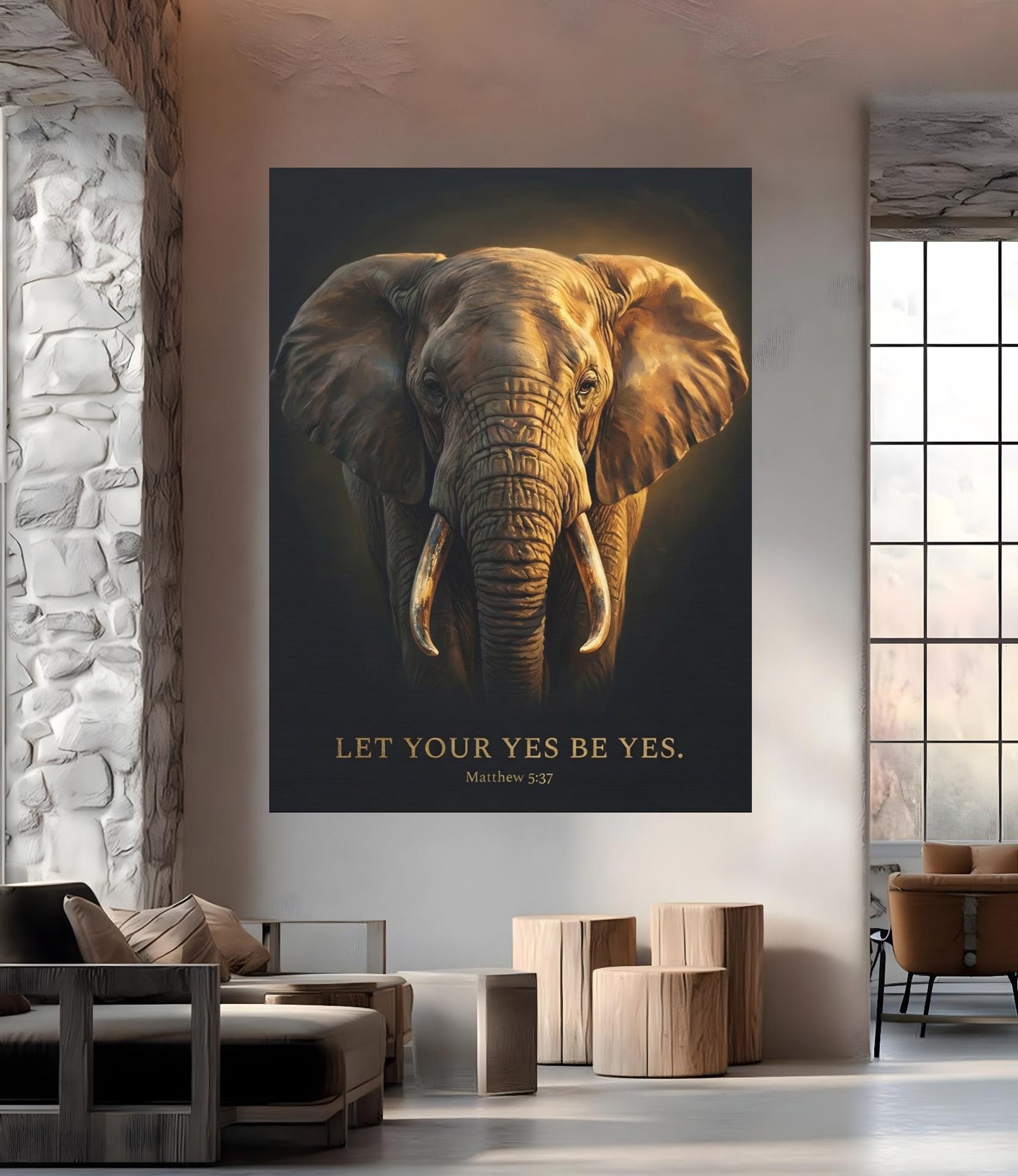 Elephant Canvas Print | Matthew 5:37 Scripture, Moody Decor — Framed Print wall art
