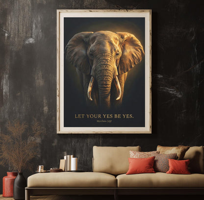 Elephant Canvas Print | Matthew 5:37 Scripture, Moody Decor — Framed Print wall art