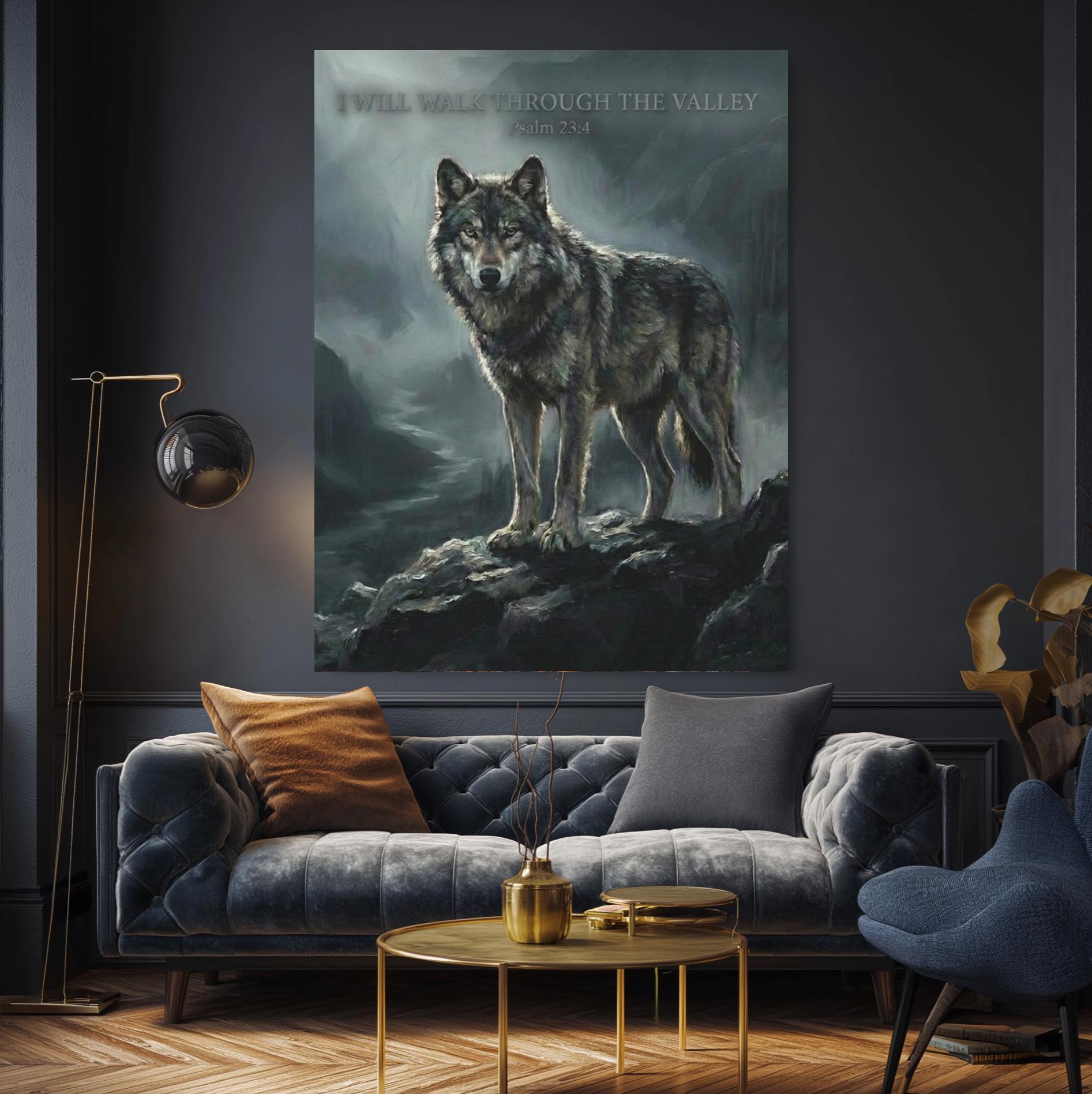 Wolf Canvas Wall Art | Psalm 23:4 Scripture Print | Jesus Art | Dark Moody Christian Decor | Religious Gift for Men — Framed