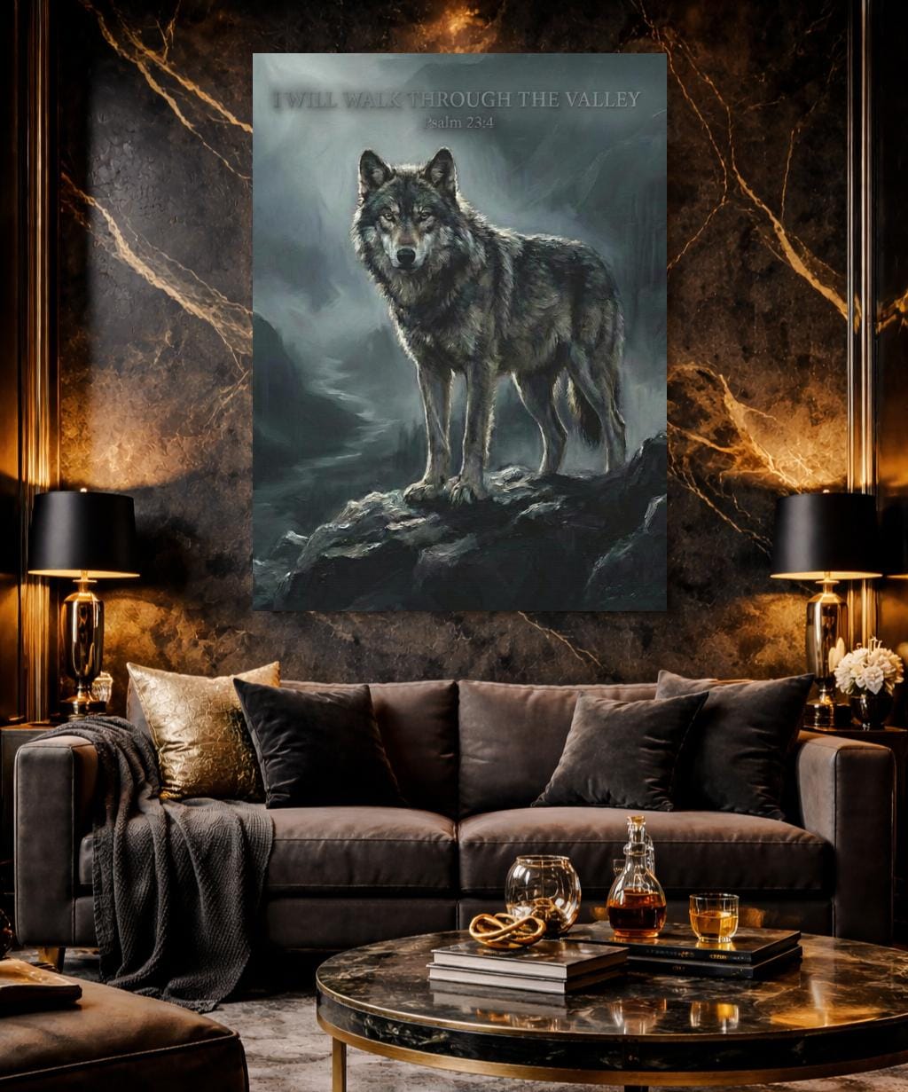 Wolf Canvas Wall Art | Psalm 23:4 Scripture Print | Jesus Art | Dark Moody Christian Decor | Religious Gift for Men — Framed