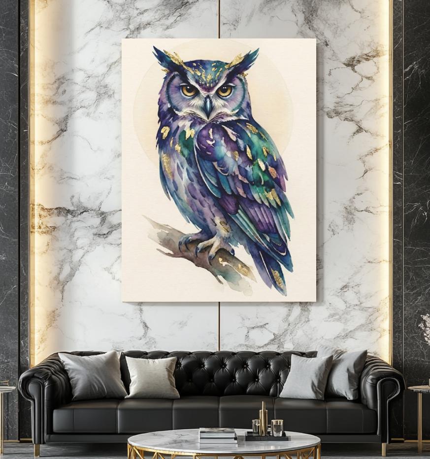 Watercolor Owl Print | Gold Leaf, Dark Academia Wall Art — Framed Print wall art