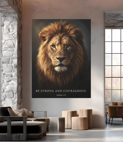Lion of Judah Canvas Wall Art | Bible Verse Scripture Print | Christian Religious Gift for Men | Be Strong and Courageous |